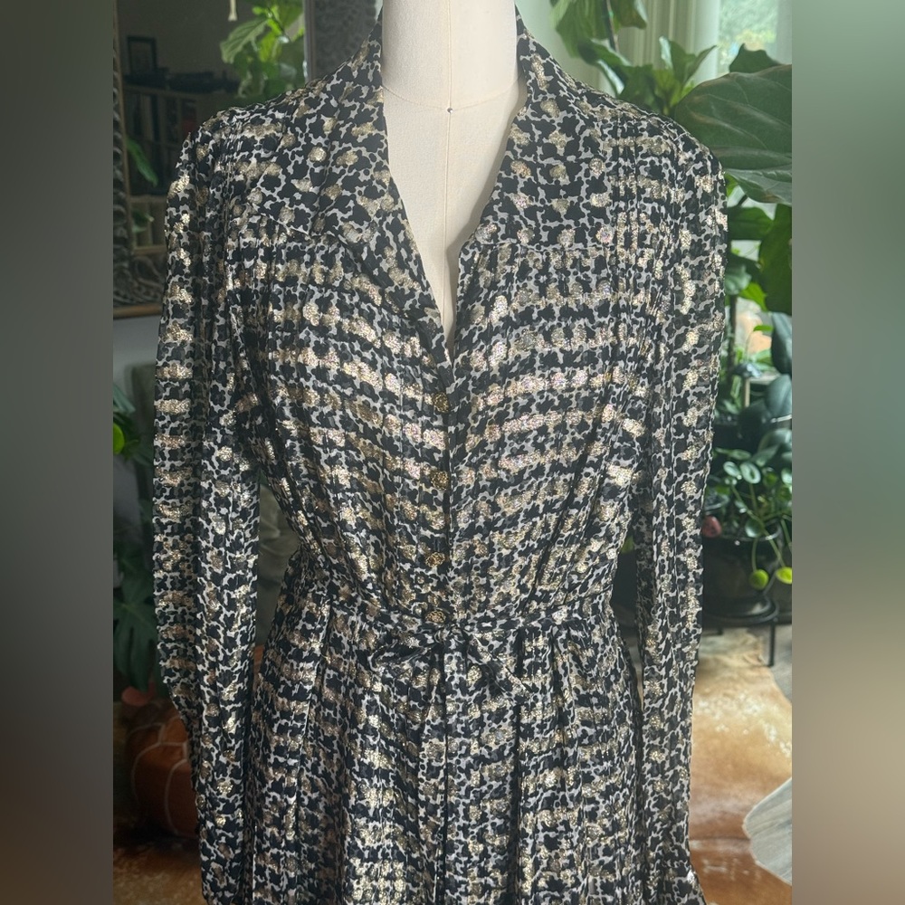 Vintage Metallic Pleated Midi Dress • Black + Gold • 70s Chanel-Era Fabric